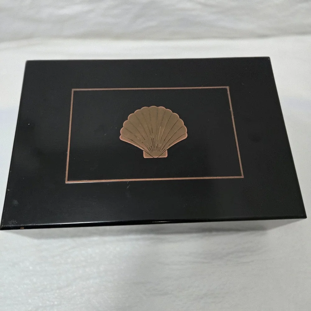 Vintage Black Lacquer Jewelry Box Shell Inlay Removable Tray Made in Korea